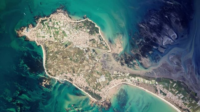 Aquaculture and oyster farming on island coastline aerial view from satellite animation, Noirmoutier, France. Based on images furnished by Nasa