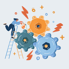 Vector illustration of woman fix big mechanism with oil