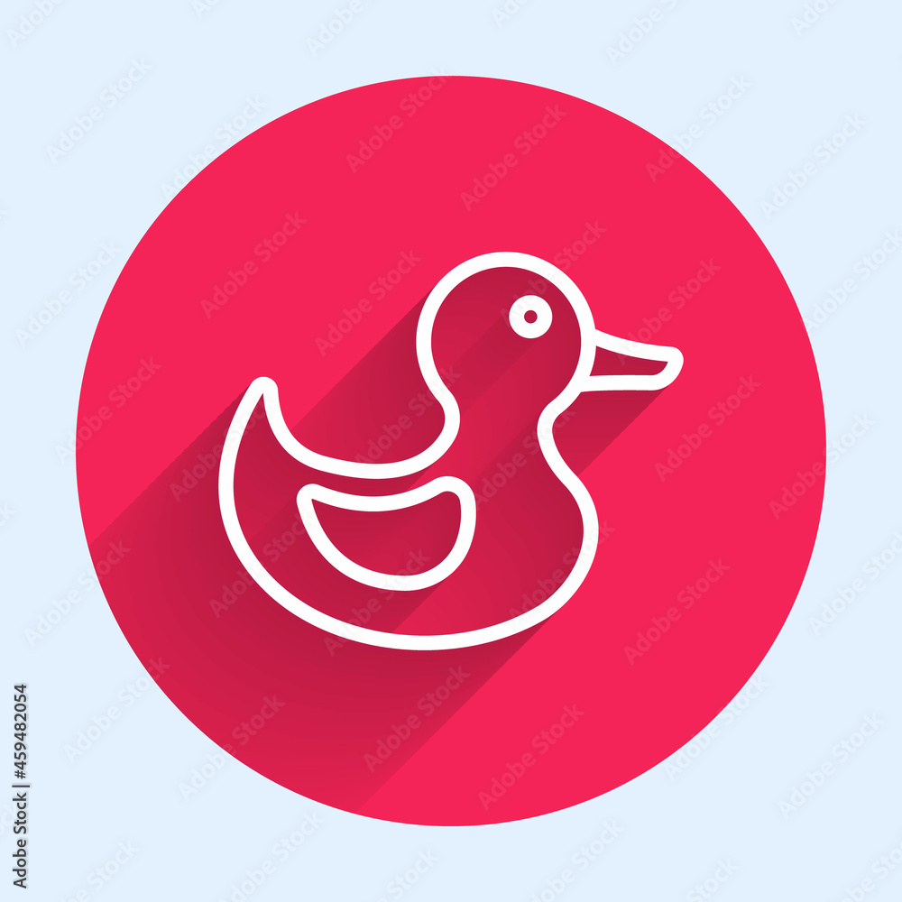 Poster white line rubber duck icon isolated with long shadow background. red circle button. vector
