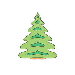 Cute drawn Christmas tree, spruce, pine or fir, Xmas tree decorated with colored balls. Isolated on white background.