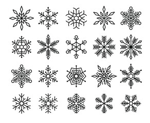 Winter snowflakes set, vector illustration. New year decoration. Line art snow icons collection. Design elements for Christmas banners, cards