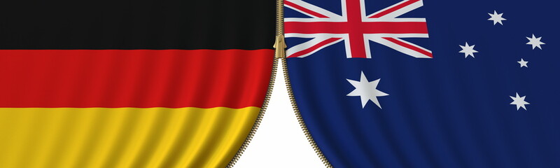 Obraz premium Germany and Australia political cooperation or conflict, flags and closing or opening zipper, conceptual 3D rendering