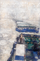 Coaster Shipping. Tugboats pulling loaded barges down the fairway of the frozen river. The wide river is covered with ice. View from the pilot bridge of the tug leader. Digital watercolor painting.