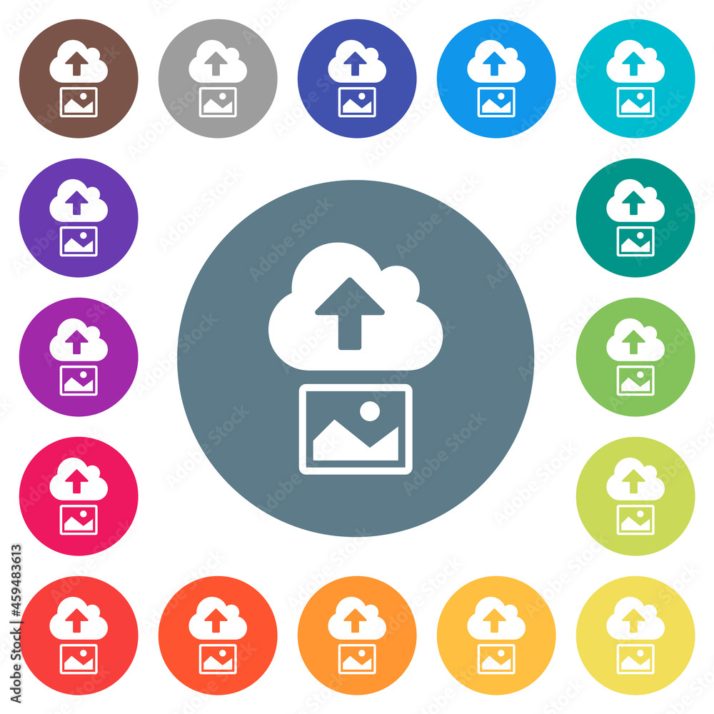 Poster upload image to cloud solid flat white icons on round color backgrounds