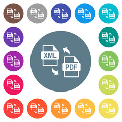 XML PDF file conversion flat white icons on round color backgrounds