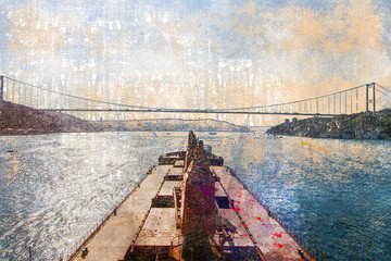 The deck of a bulk carrier in front of the Bridge over the Bosphorus Strait. View from the captain's bridge of a sailing ship. Marine transport. Digital watercolor painting.