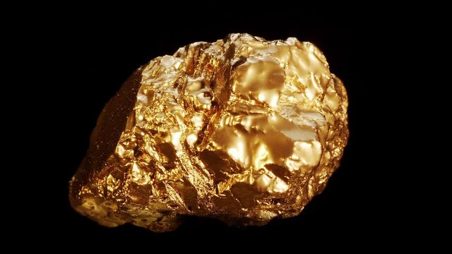 Rotate around a gold nugget on a black background. 360 degree rotation
