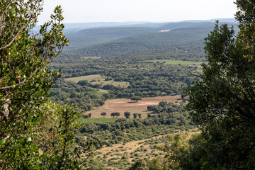 Rural landscape view on the valley of Pic Saint-Loup mountain in Languedoc-Roussillon, France