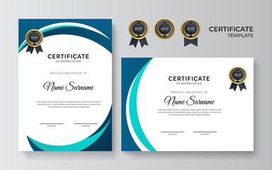 Modern clean dan simple blue green certificate template on white background. Certificate of achievement template with gold badge and border