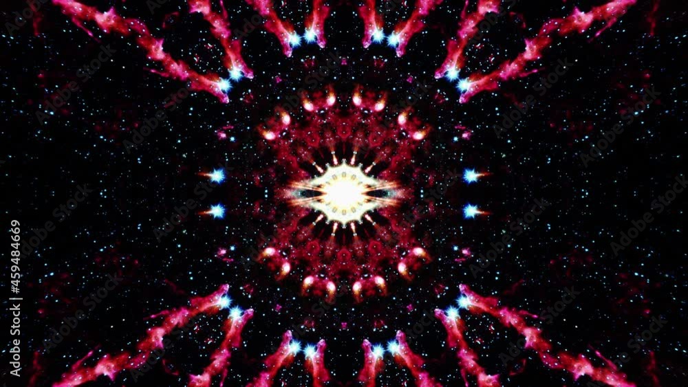 Poster abstract glow glittering pink red kaleidoscope sequence pattern. 4k seamless loop abstract multicolo