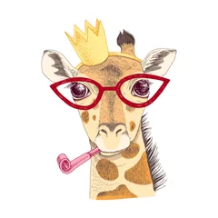 Zelfklevend Fotobehang Hand drawn portrait of Giraffe with accessories © Marina Gorskaya