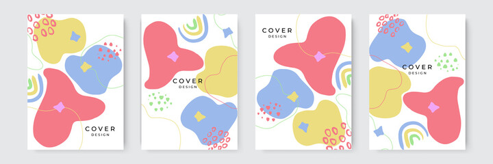 Hand drawn cover design background with blob abstract shapes. Organic shapes compositions set. Hand draw abstract design elements in pastel colors. Minimal stylish cover template.
