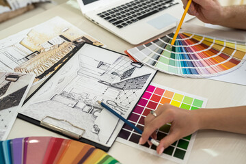 Indoor interior colours choosing by designers on their workplace