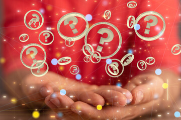 Businessman solving problem with digital question marks 3D rendering