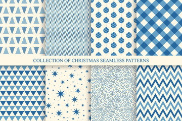 Collection of christmas seamless patterns. Blue holiday backgrounds - vintage design. Trendy celebration prints. Can be used as wrapping paper, covers, wallpaper and etc