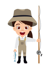 Cute kid fisherwoman character standing with fishing rod