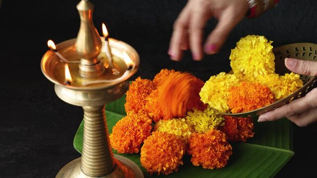 Indian woman decorating flowerbed marigold flower lighted oil lamp Pongal Onam Diwali vishu celebration Indian festival Nilavilakku 4K video footage Rangoli Kerala Tamil nadu North India Mumbai Delhi