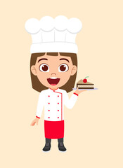 Happy cute kid chef character standing and holding cake