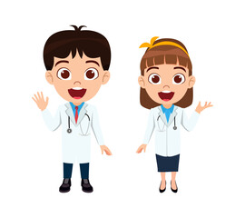 Happy cute kid doctor  boy and girl character standing and waving
