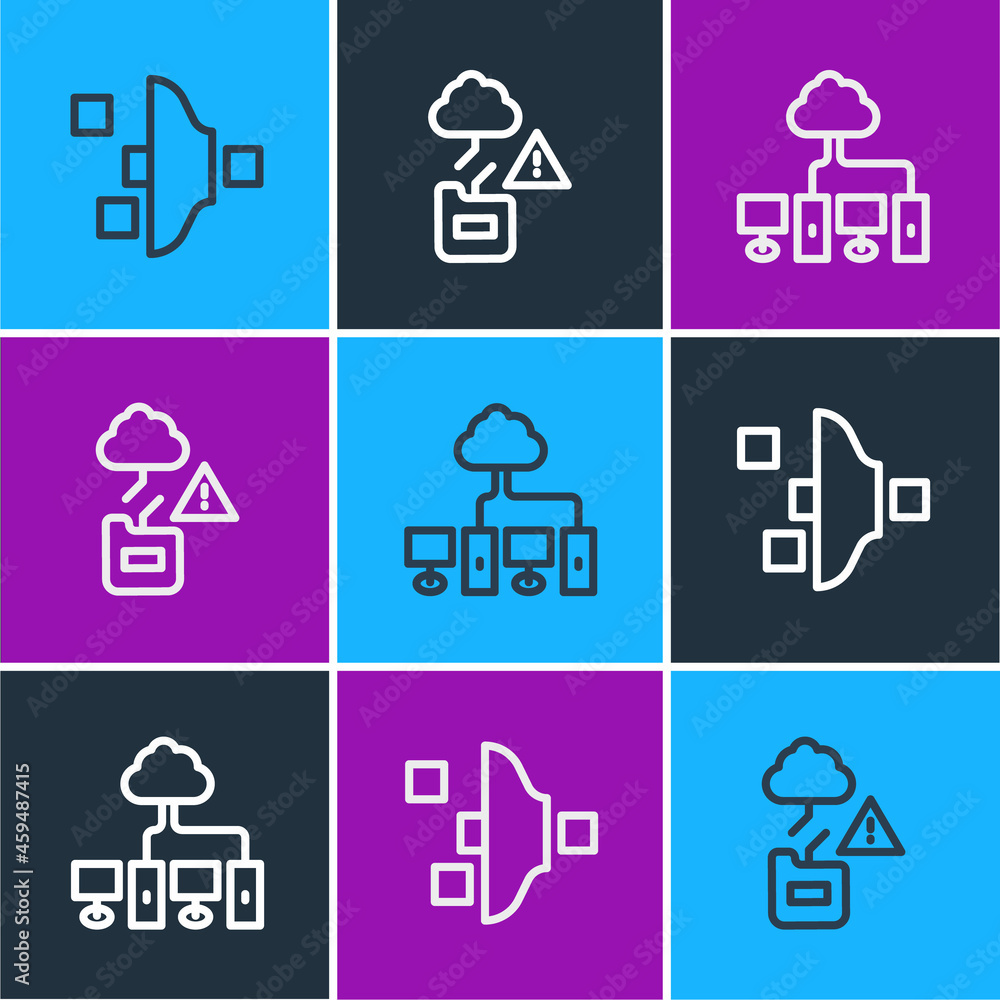 Poster set line filter setting, computer network and cloud technology data transfer icon. vector