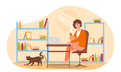 Remote work concept. Woman sits at home at laptop with cup of coffee and performs orders of boss. Freelancer with flexible schedule. Cartoon flat vector illustration isolated on white background