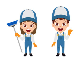 Happy cute kid cleaner  boy and girl character standing and waving