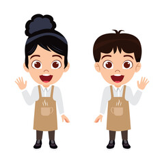 Happy cute kid coffee maker  boy and girl character standing and waving
