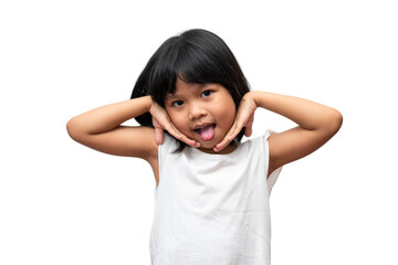 Portrait of happy and funny Asian child girl on white background, a child looking at camera hand gesture. Preschool kid dreaming fill with energy feeling healthy and good concept