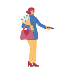 Cartoon female character customer holding bouquet, paying for purchase in flat extra vector illustration isolated on white background. Lady buys flowers at flower shop