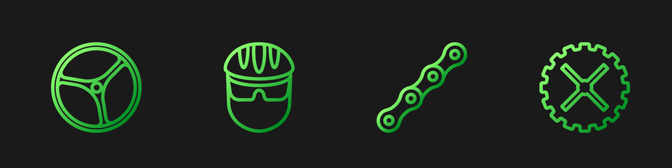 Set line Bicycle chain, wheel, helmet and sprocket crank. Gradient color icons. Vector
