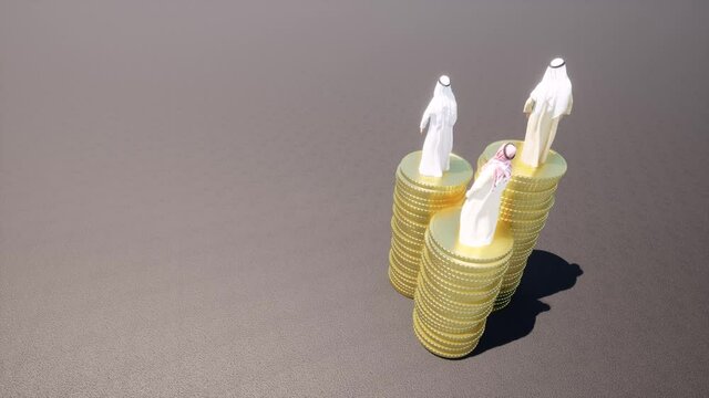 Arabic arabs stand on gold coins currency money 4k