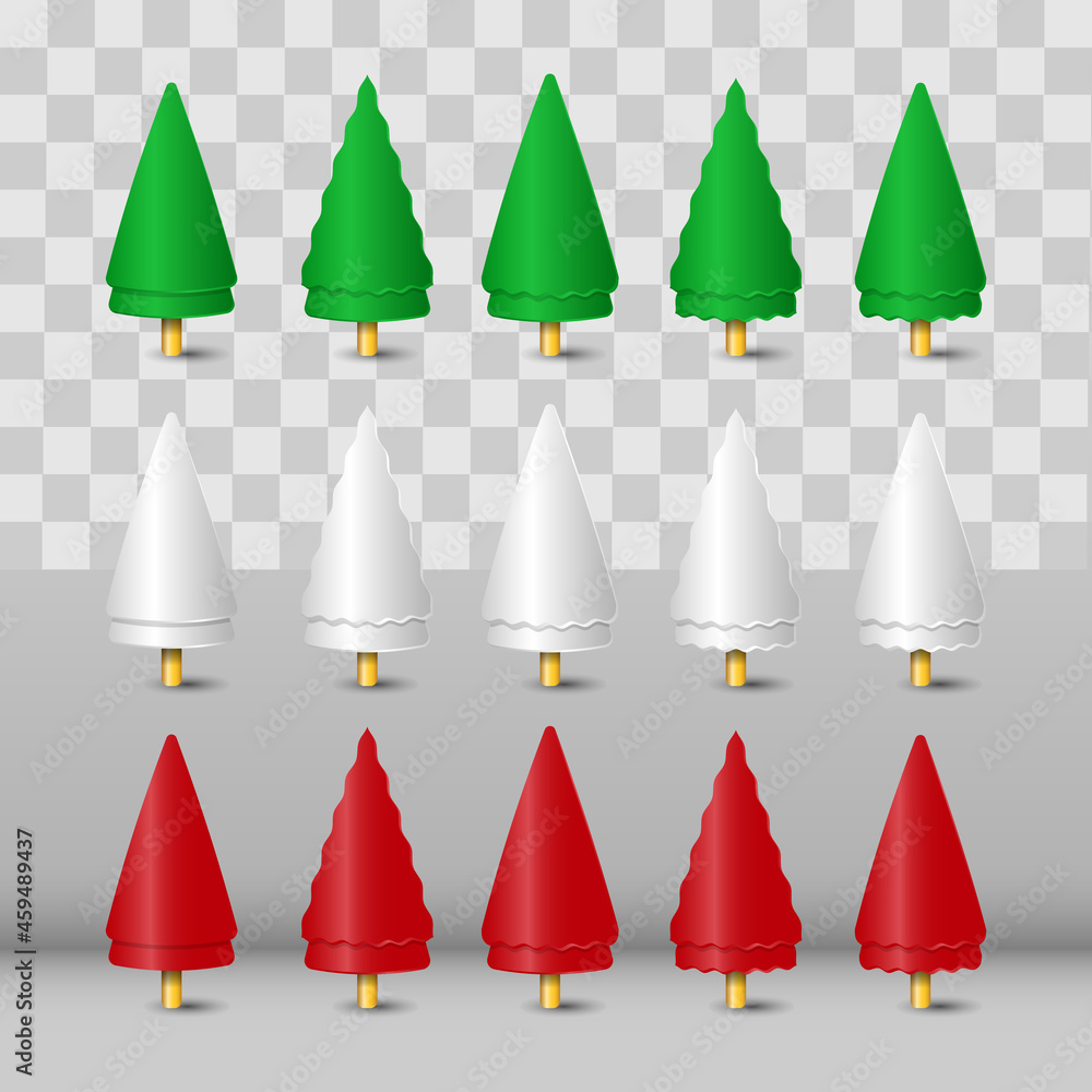 Poster collection set of colorful realistic modern geometric shape christmas tree isolated on a transparent