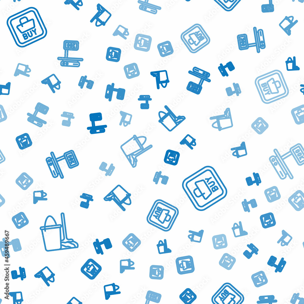 Aufkleber set line mop and bucket, buy button and electronic scales on seamless pattern. vector