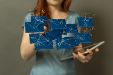 touching 3D rendering flying email icon with his fin