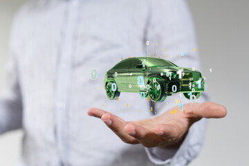 Hologram auto, futuristic polygonal model auto.