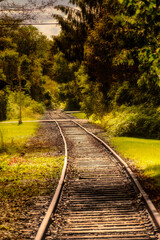 Fototapeta na wymiar Train Tracks that run through Oxford in Upstate NY. Tracks lead away into the distance.