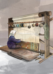 Obraz na płótnie Canvas rug weave loom, carpet weaver turkish woman, illustration 