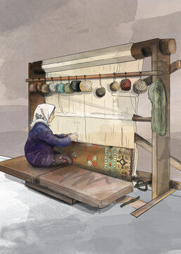 rug weave loom, carpet weaver turkish woman, illustration
