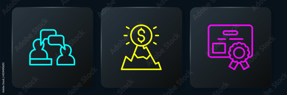 Poster set line two sitting men talking, certificate template and mountains with flag. black square button.