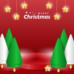 merry christmas podium product display stage with realistic modern tree and star decoration