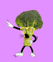 Contemporary art collage. Funny shouting broccoli isolated over purple background. Drawn vegetables...