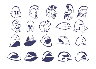 Twenty line-art vector illustrations of helmets