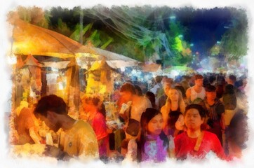 Chiang Mai Walking Street Thailand A local handicraft market watercolor style illustration impressionist painting.