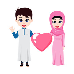Happy cute Muslim couple character wearing beautiful traditional outfit standing and posing and holding love shape balloon