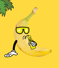 Funny cartoony banana drinking lemonade at summer vacation isolated over yellow background. Drawn fruit in cartoon style. Vitamins, healthy lifestyle.