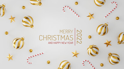 Christmas and happy new year decorations with a golden silver ball and golden star on white background. 3d illustration
