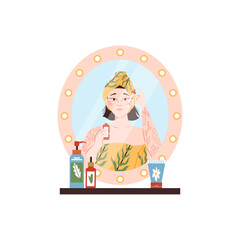 Women daily beauty care procedures, flat vector illustration isolated.