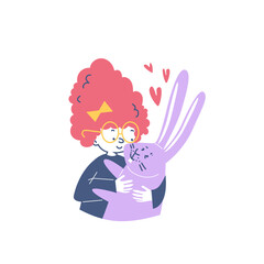 Funny cute child hugging his rabbit pet, flat vector illustration isolated.
