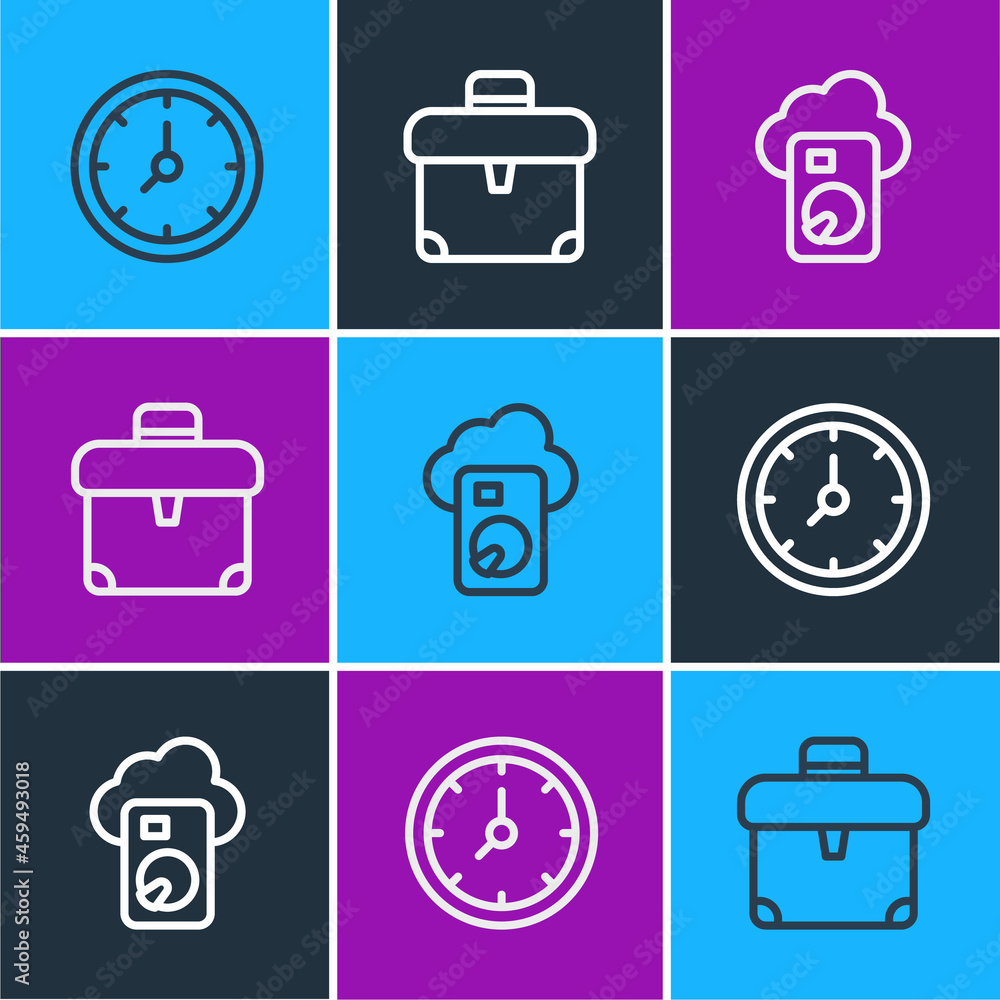 Poster set line clock, cloud database and briefcase icon. vector