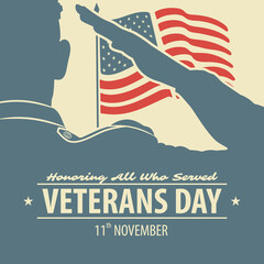 Veterans day poster template. US Army soldier saluting against USA Flag. Vector illustration - obrazy, fototapety, plakaty